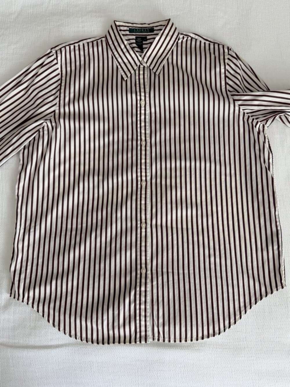 Lauren Ralph Lauren Shirt Womens L White Brown Striped Cotton Button Up Preppy